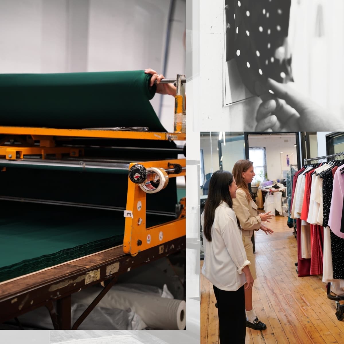 Scrapbook composite of the production floor at Carla Zampatti.