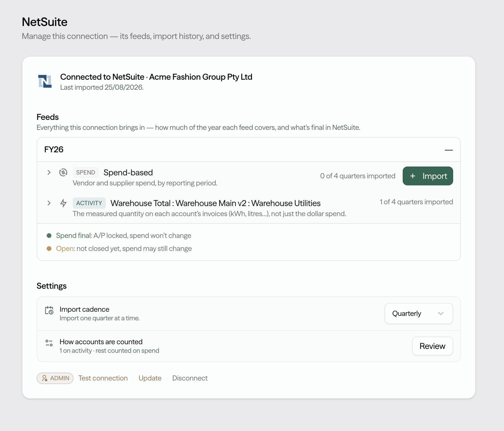 A read-only NetSuite connection screen, showing a feed of spend and activity data with a quarterly import cadence the customer controls.
