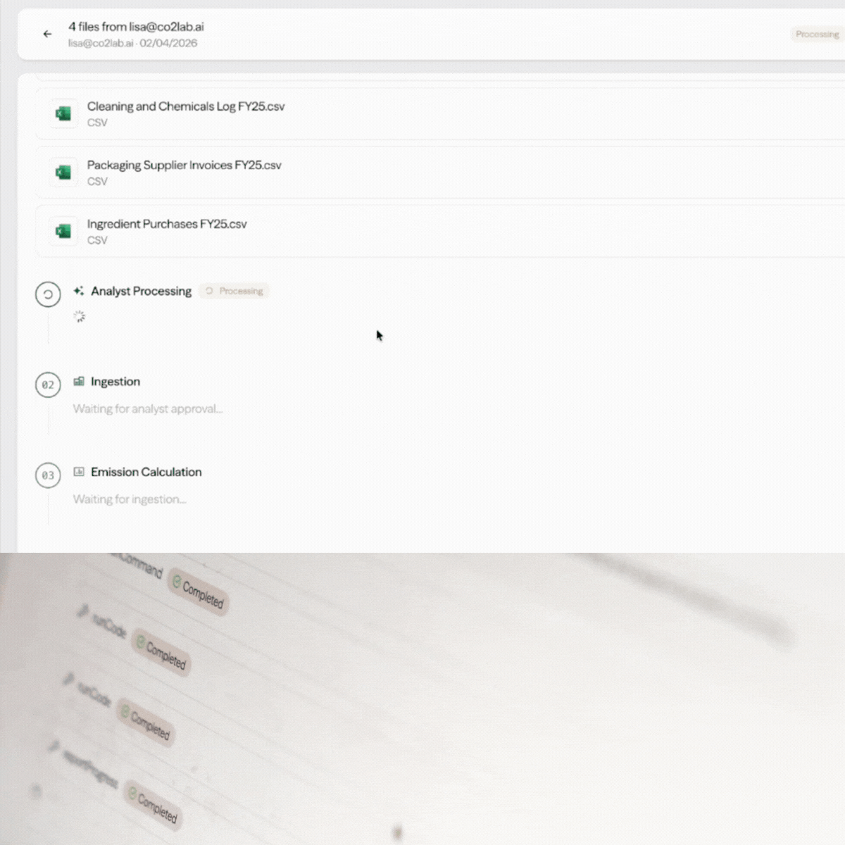 Animated panel showing the AI Sustainability Analyst ingesting CSVs, processing tasks and producing a data-quality audit alongside whiteboard sketches.