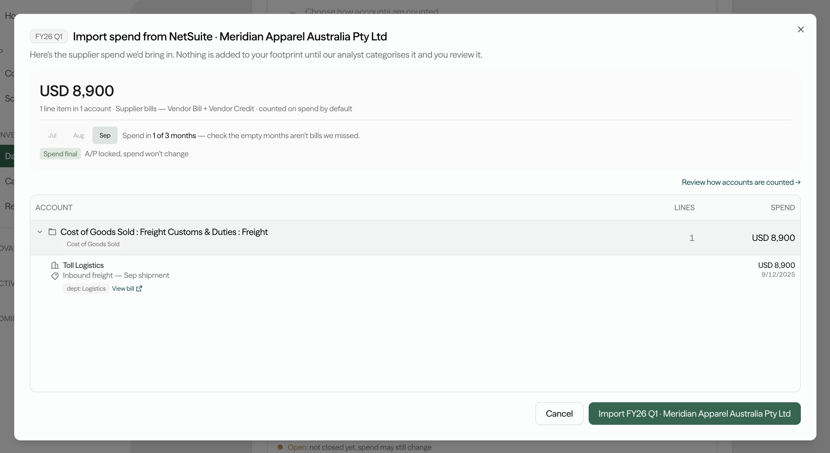 A per-entity spend import for one subsidiary, breaking a freight cost down to a single Toll Logistics vendor bill with the source line and account shown.